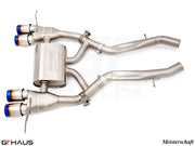 Premium Meisterschaft exhaust system for BMW G80/82/83 M3/M4, featuring stainless steel construction and dual tips.