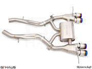 Premium Meisterschaft exhaust system for BMW G80/82/83 M3/M4, featuring stainless steel construction and dual tips.