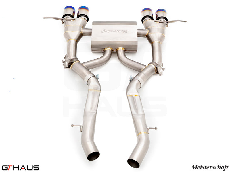 Premium exhaust system for BMW G80/82/83 M3/M4 I-6 Turbo, featuring stainless steel construction and dual tips.