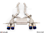 Premium Meisterschaft exhaust system for BMW G80/82/83 M3/M4, featuring stainless steel construction and dual tips.