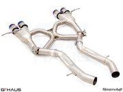 Premium Meisterschaft exhaust system for BMW G80/82/83 M3/M4, featuring stainless steel construction and dual tips.