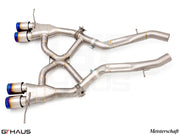 Premium Meisterschaft exhaust system for BMW G80/82/83 M3/M4, featuring stainless steel construction and dual tips.