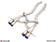 Premium stainless steel exhaust system for BMW G80/82/83 M3/M4 with electronic valve control and distinctive tips.