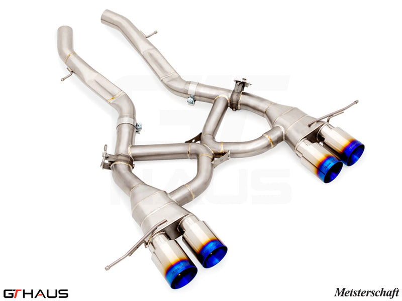 Premium exhaust system for BMW G80/82/83 M3/M4, featuring stainless steel construction and dual blue-tipped outlets.
