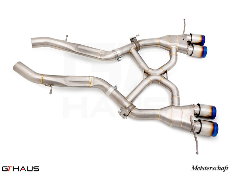Premium Meisterschaft exhaust system for BMW G80/82/83 M3/M4, featuring stainless steel construction and dual tips.