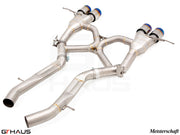 Premium performance exhaust system for BMW G80/82/83 M3/M4, featuring stainless steel construction and dual tips.