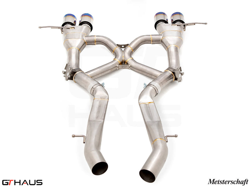 Premium Meisterschaft exhaust system for BMW G80/82/83 M3/M4, featuring stainless steel construction and dual tips.