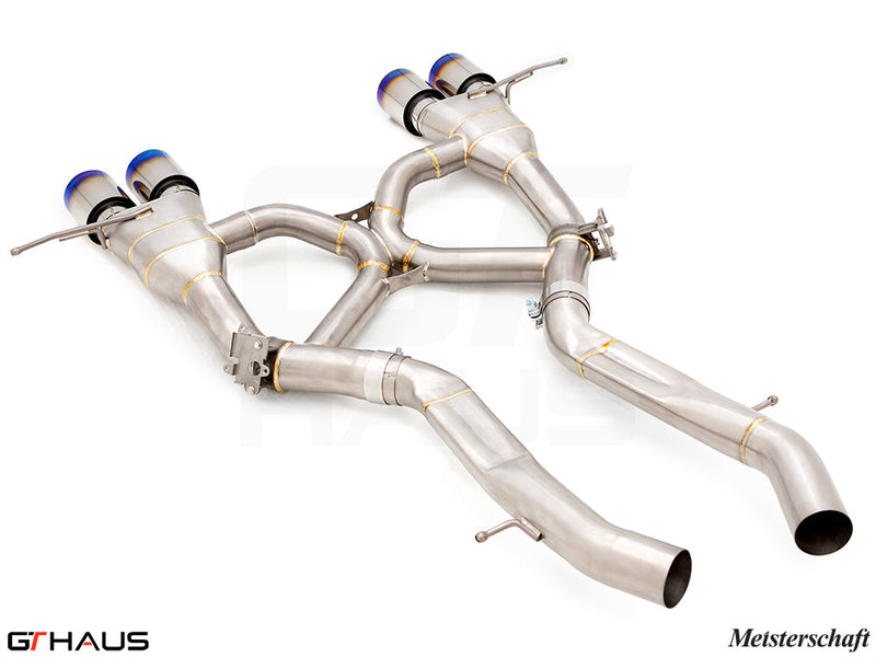 Premium performance exhaust system for BMW G80/82/83 M3/M4, featuring stainless steel construction and dual tips.
