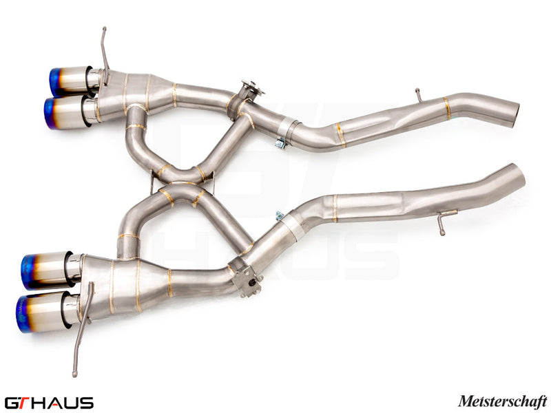 Premium Meisterschaft exhaust system for BMW G80/82/83 M3/M4, featuring stainless steel construction and dual tips.