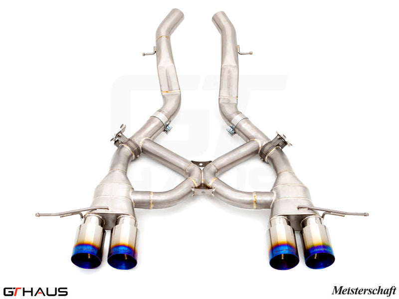 Premium Meisterschaft exhaust system for BMW G80/82/83 M3/M4, featuring dual tips and high-performance stainless steel design.