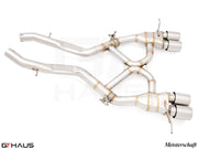 Premium performance exhaust system for BMW G87 M2/M2 Competition, featuring stainless steel construction and dual tips.