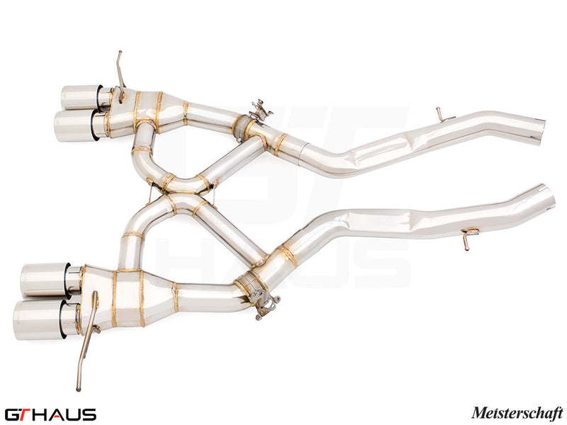 Premium Meisterschaft exhaust system for BMW G87 M2/M2 Competition, featuring polished stainless steel and dual tips.