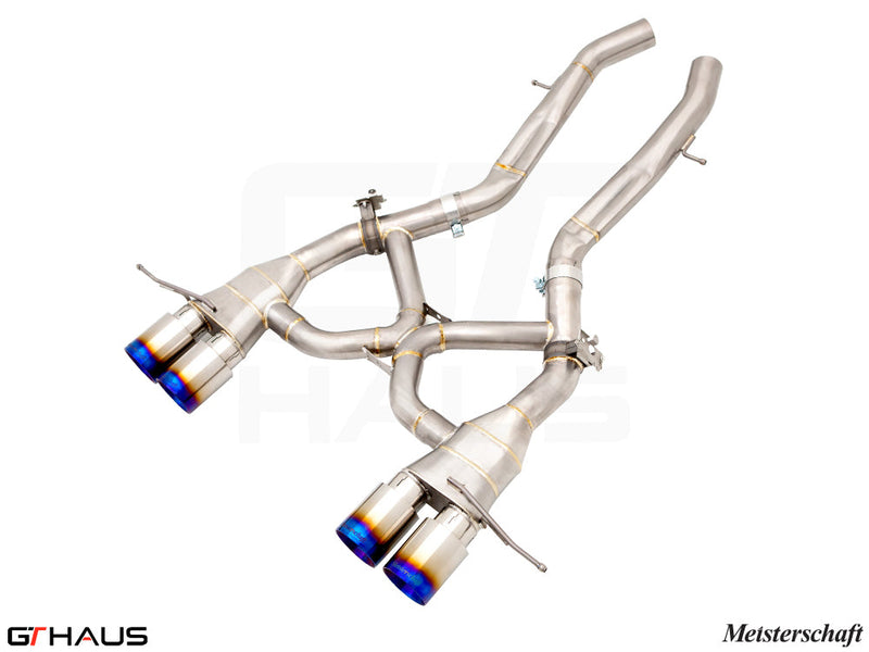 Premium stainless steel exhaust system for BMW G87 M2/M2 Competition, featuring Meisterschaft design and electronic valve control.