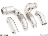 Premium down pipes for BMW G90 M5 Sedan and G99 M5 Wagon 2024+, featuring OBD2 and 400 CEL sport cats.