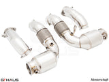 High-performance down pipes for BMW G90 M5 Sedan and G99 M5 Wagon 2024+, featuring OBD2 and 400 CEL sport cats.