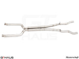 Premium stainless steel mid resonator delete pipes for BMW G90 M5 Sedan and G99 M5 Wagon, featuring 90mm piping.