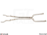 Premium stainless steel mid resonator delete pipes for BMW G90 M5 Sedan and G99 M5 Wagon, featuring 90mm piping.