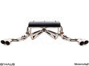 Premium Meisterschaft exhaust system for Ferrari F430 Coupe/Spider, featuring polished stainless steel and quad tips.
