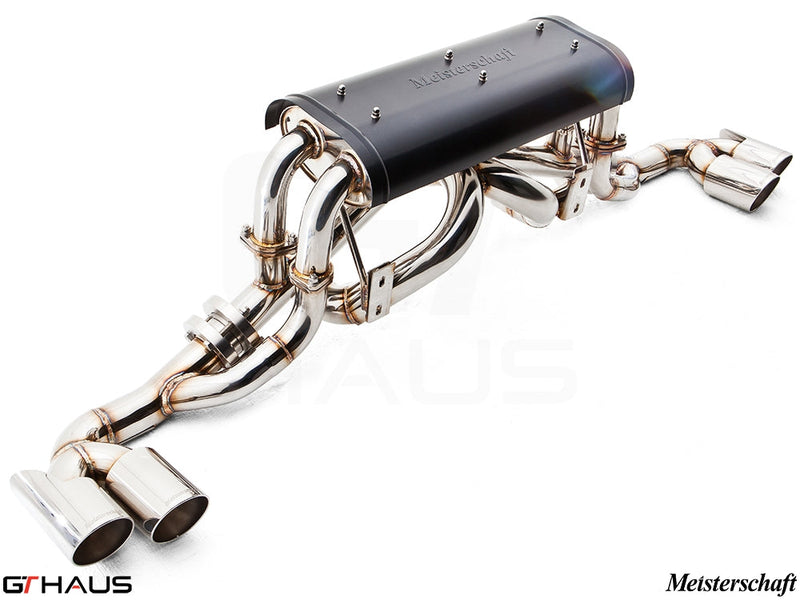 Meisterschaft exhaust system for Ferrari F430 Coupe and Spider, featuring polished stainless steel and dual tips.
