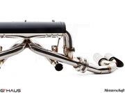 Premium exhaust system for Ferrari F430 Coupe/Spider, featuring stainless steel construction and Meisterschaft branding.