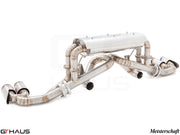 Premium performance exhaust system for Ferrari F430 Coupe and Spider, featuring stainless steel construction and Meisterschaft branding.