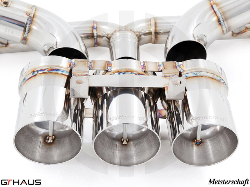 Premium Meisterschaft exhaust system for Ferrari F458 V8 Coupe/Spider, featuring polished stainless steel and precision craftsmanship.