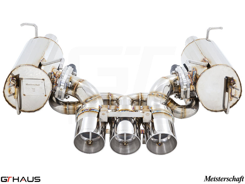 Premium Meisterschaft exhaust system for Ferrari F458 V8 Coupe/Spider, featuring stainless steel construction and electronic valve control.