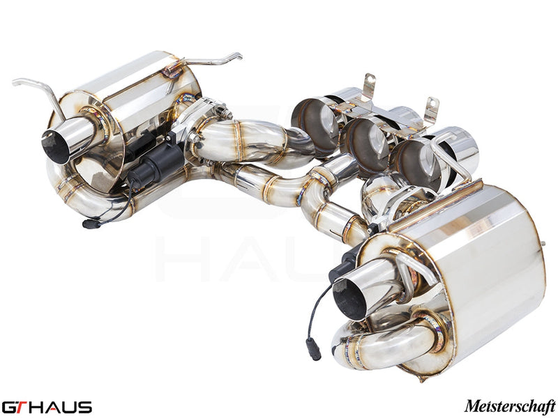 Premium performance exhaust system for Ferrari F458 V8 Coupe/Spider, featuring stainless steel construction and electronic valve control.