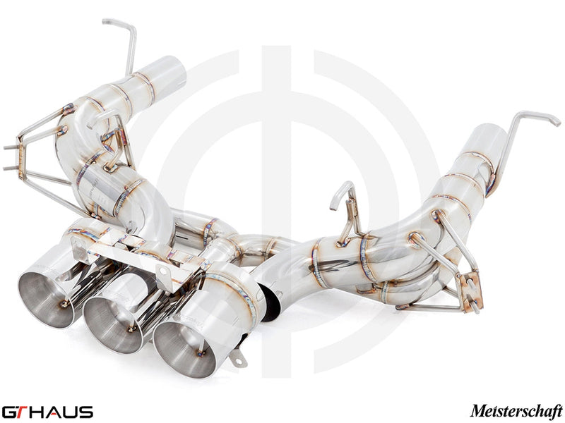 Premium performance exhaust system for Ferrari F458 V8 Coupe and Spider, featuring stainless steel construction and precision design.