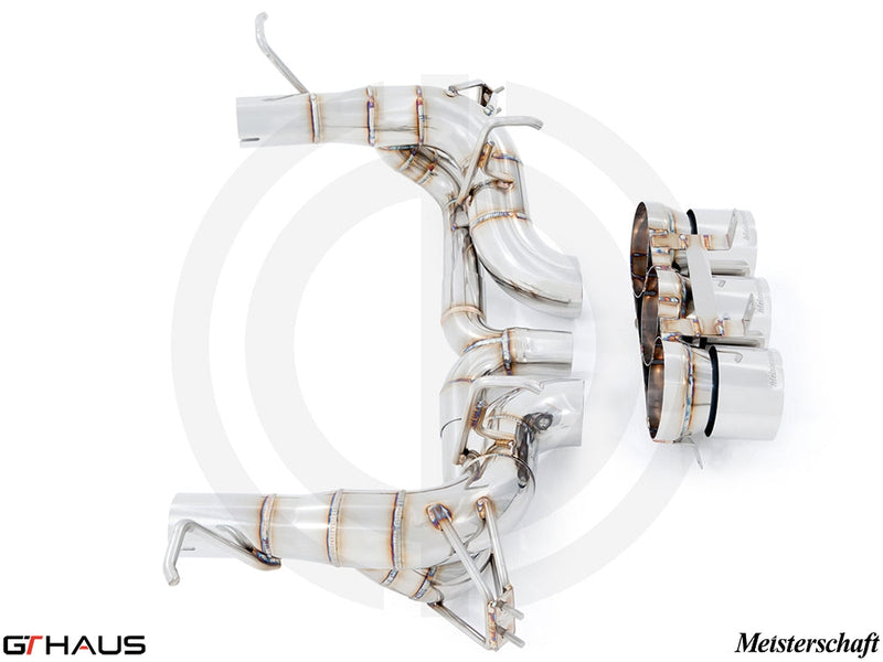 Premium exhaust system for Ferrari F458 V8 Coupe/Spider, featuring stainless steel construction and precision engineering.