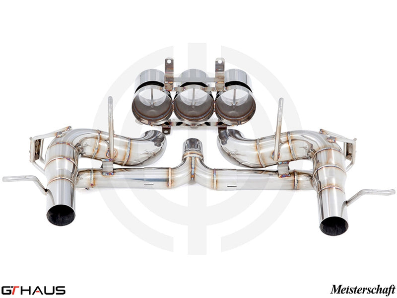 Premium exhaust system for Ferrari F458 V8 Coupe/Spider, featuring stainless steel construction and electronic valve control.