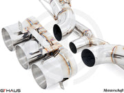 Premium exhaust system for Ferrari F458 V8 Coupe/Spider, featuring polished stainless steel tips and advanced valve control.