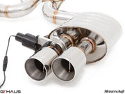 Premium exhaust system for Ferrari F599 GTB/GTO featuring polished stainless steel tips and electronic valve control.