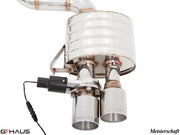 Premium Meisterschaft exhaust system for Ferrari F599 GTB/GTO V12 Coupe, featuring polished stainless steel and electronic valve control.