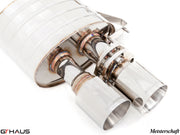 Premium exhaust system for Ferrari F599 GTB/GTO V12 Coupe, showcasing polished stainless steel tips and precision craftsmanship.