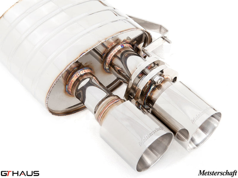 Premium exhaust system for Ferrari F599 GTB/GTO V12 Coupe, showcasing polished stainless steel tips and precision craftsmanship.