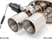 Premium stainless steel exhaust tips for Ferrari F599 GTB/GTO, featuring Meisterschaft's electronic valve control system.