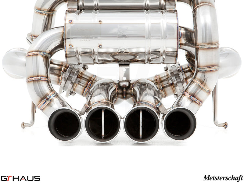 Premium exhaust system for Lamborghini Aventador LP700/720/750-4, featuring polished stainless steel and quad tips.