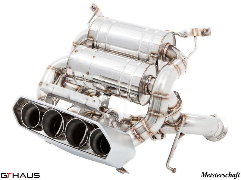Premium Meisterschaft exhaust system for Lamborghini Aventador LP700/720/750-4 Coupe, featuring stainless steel construction and quad tips.