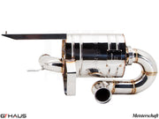 Premium exhaust system for Lamborghini Gallardo V10, featuring polished stainless steel construction and Meisterschaft branding.