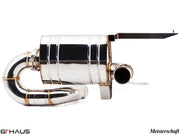 Meisterschaft exhaust system for Lamborghini Gallardo V10 Coupe, showcasing polished stainless steel construction and design.