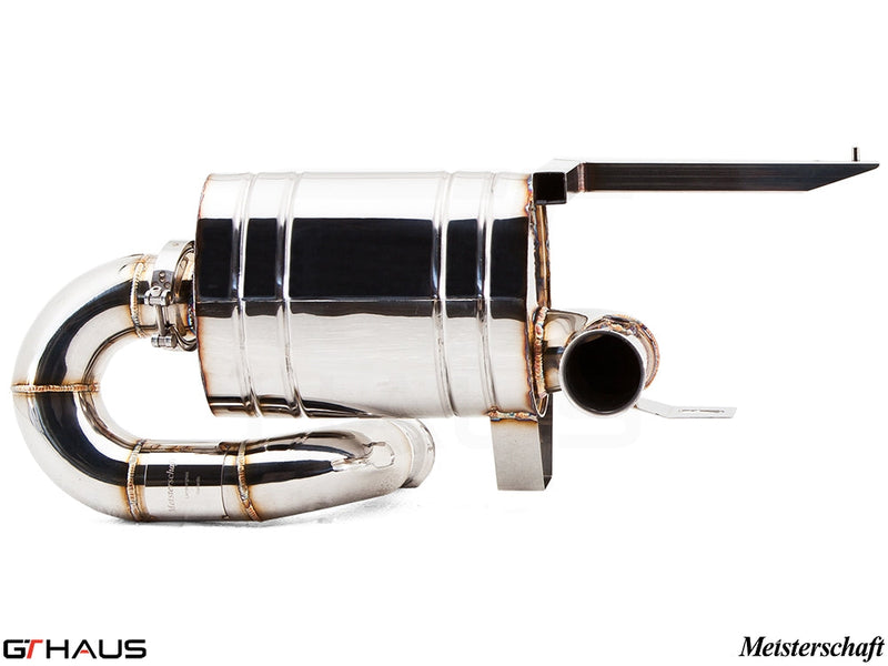 Meisterschaft exhaust system for Lamborghini Gallardo V10 Coupe, showcasing polished stainless steel construction and design.