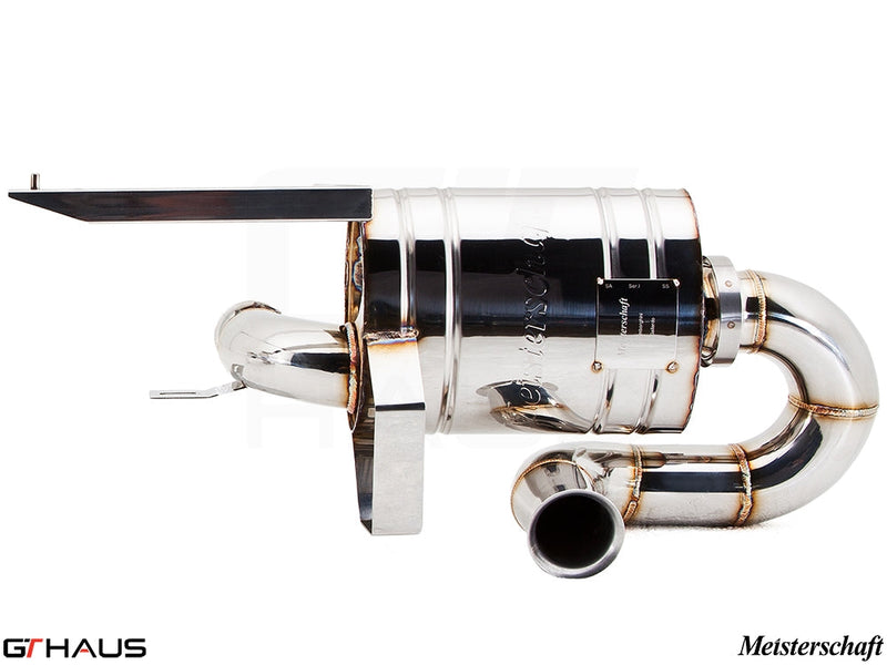 Premium exhaust system for Lamborghini Gallardo V10 Coupe, featuring polished stainless steel and Meisterschaft branding.