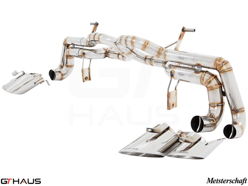 Premium Meisterschaft exhaust system for Lamborghini Huracan LP610-4, featuring stainless steel construction and dual tips.