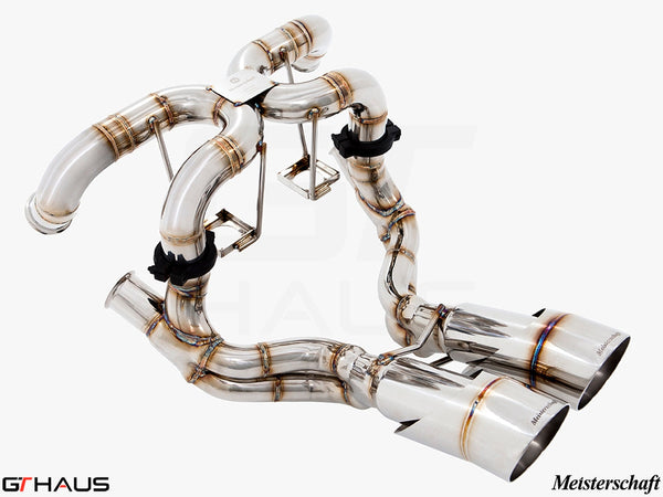 Premium stainless steel exhaust system for Lamborghini Murcielago V12, featuring dual tips and precision engineering.