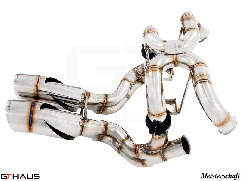Premium Meisterschaft exhaust system for Lamborghini Murcielago V12, featuring polished stainless steel construction and performance design.
