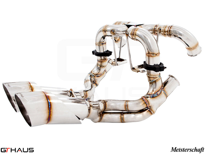 Premium exhaust system for Lamborghini Murcielago V12, featuring stainless steel construction and Meisterschaft branding.