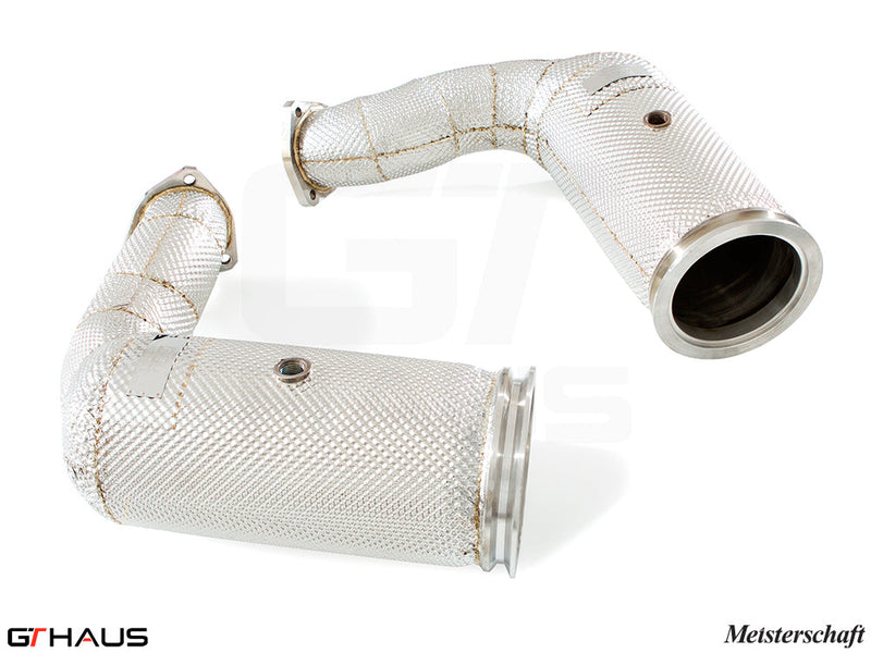 Lamborghini URUS V8 4.0T 2019+ down pipes with OBD2 and 400 CEL sport cats, featuring a stainless steel design.