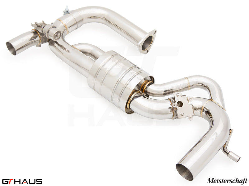 Premium exhaust system for Lotus Emira V6 3.0 SC, featuring polished stainless steel construction and performance design.