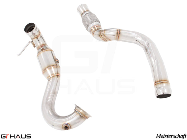 High-performance down pipes for Mercedes-Benz C117 CLA45 AMG, featuring OBD2 compatibility and 400 CEL sport cats.